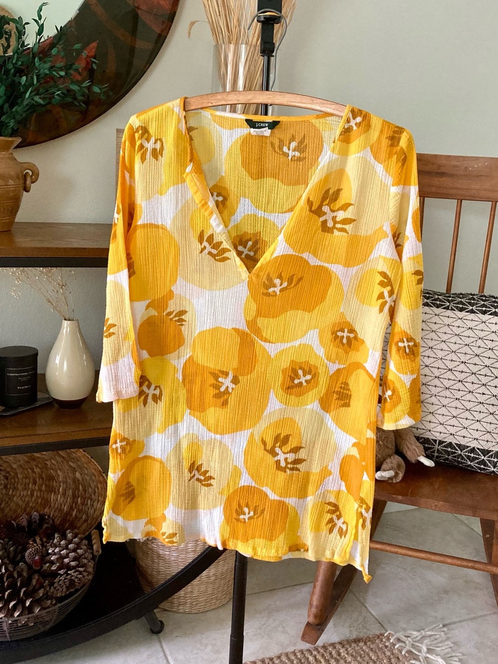 J. Crew Cotton Yellow Floral V-Neck Tunic Beach Coverup Top